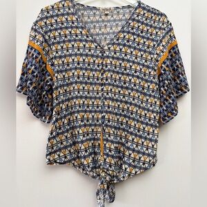 ONE WORLD Navy and Mustard Geometric Button Down Shirt